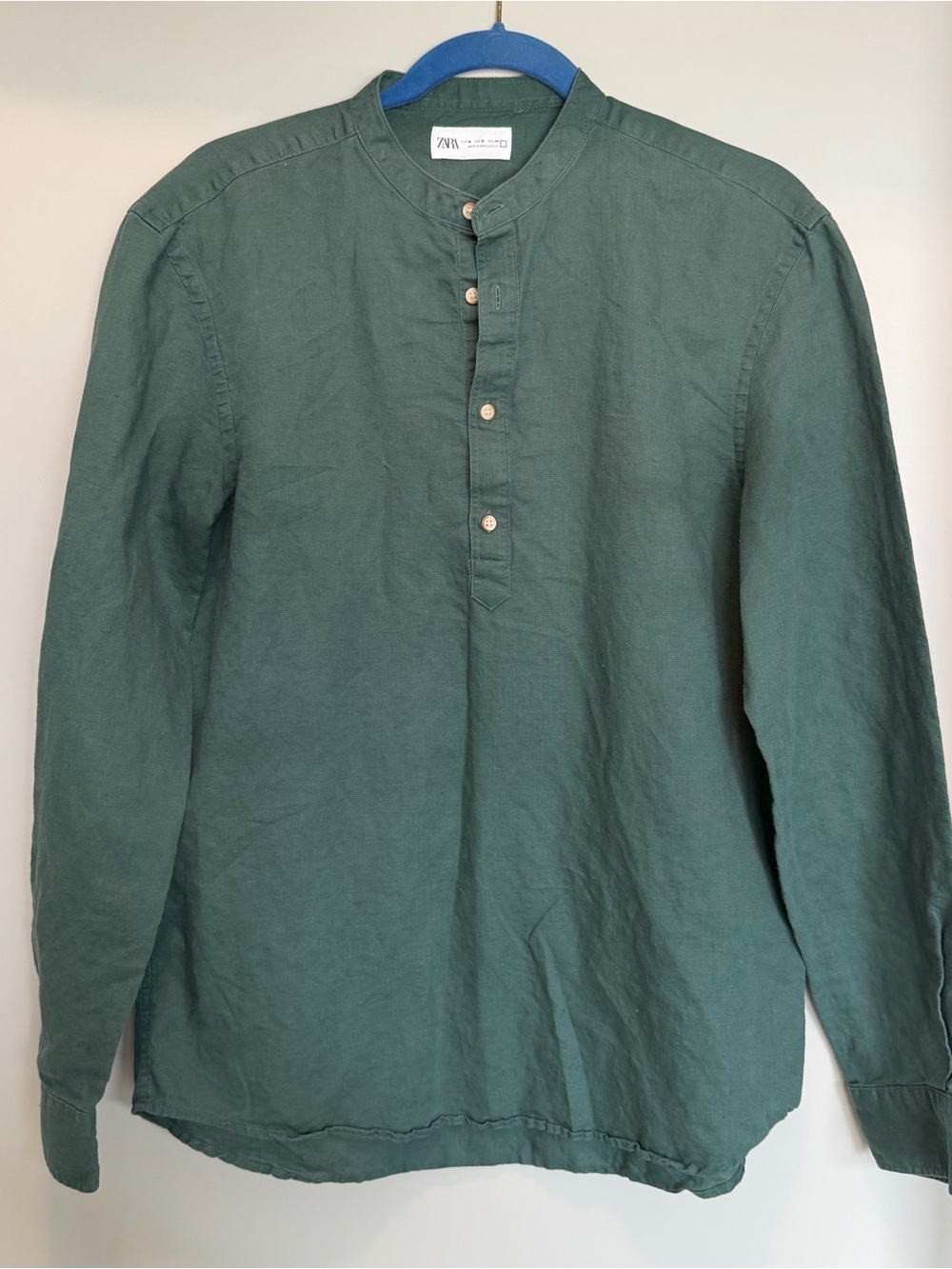 Zara Forest Green Band-Collar Linen Shirt